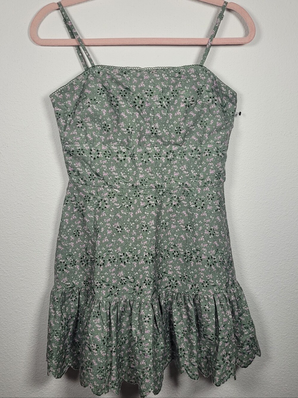 Altar'd State Floral Eyelet Lace Mini Dress Sage Green Pink Ruffle Hem S Cottage